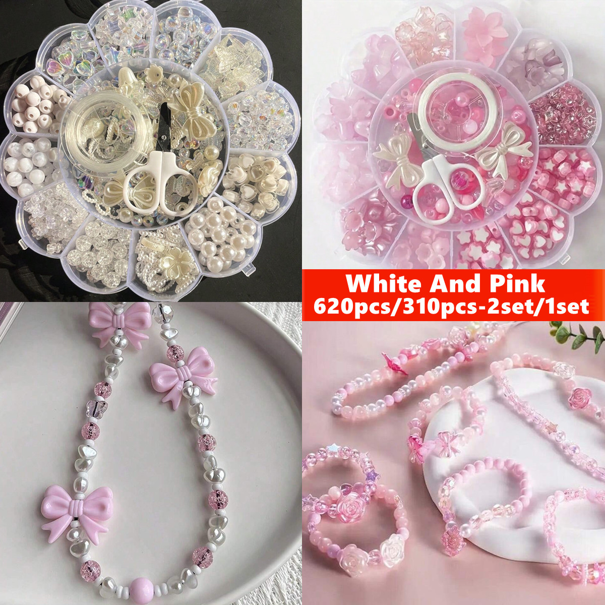 Jewelry Making Thread - 2セット/1セット 13グリッドアクリルフラワーボックスビーズ ピンクと白のフラワーシリーズルースビーズ、DIYハンドストリングシリーズ作成用
