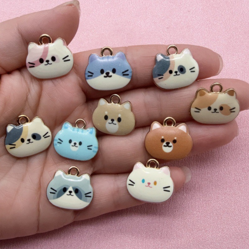 Jewelry Making Accessories - 12個入りプリント猫ヘッド合金ドリップオイルペンダント、DIYジュエリー製作イヤリング、キーホルダー、アクセサリー