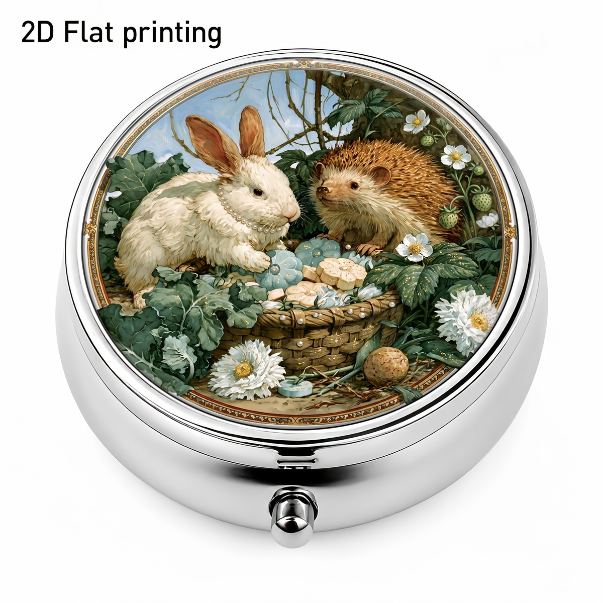 白いウサギとハリネズミの模様が描かれた花柄バスケット、丸型小 - Jewelry Making Store のレビューと価格
